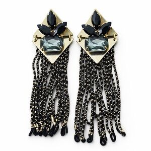 Statement Gold Geometric Fringe Earrings Black & Smoky Crystal Boho Glam